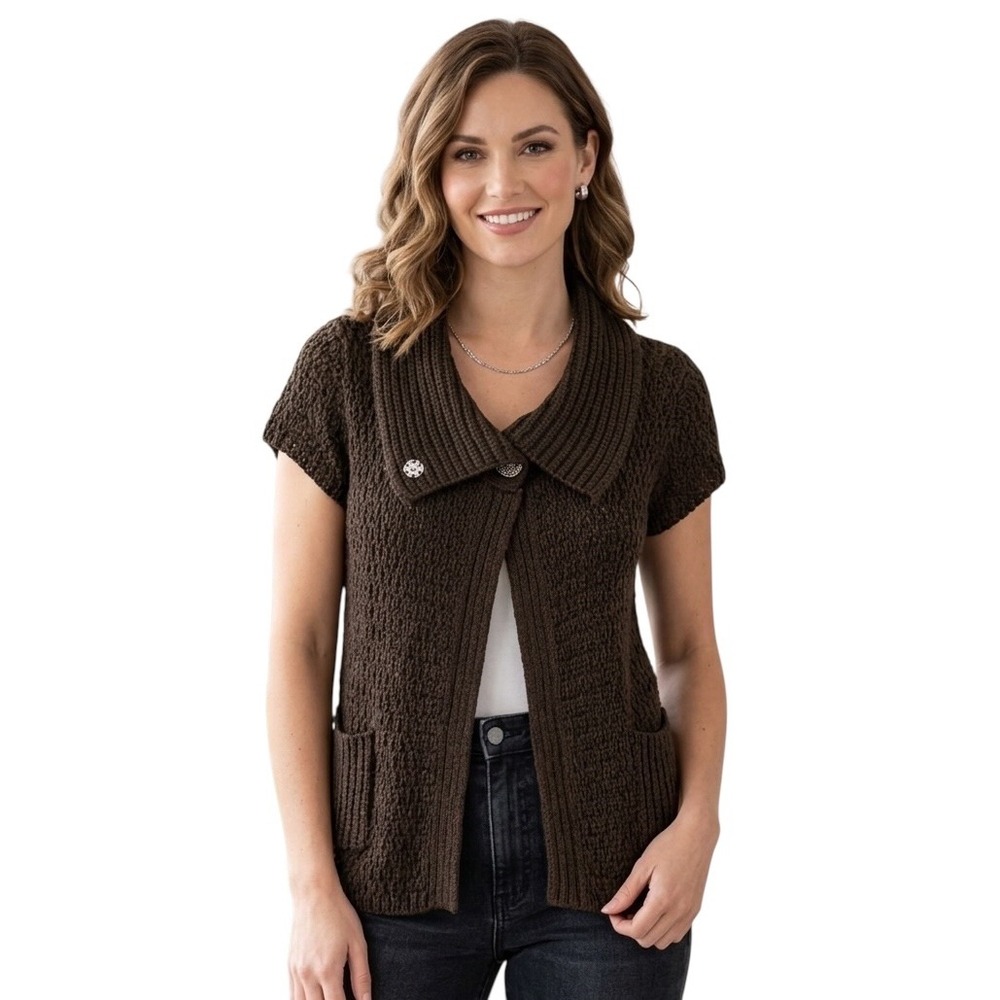 Anna Scott Green Chunky Knit Cotton Vest Metallic Fleck Snap Front Minimalist M